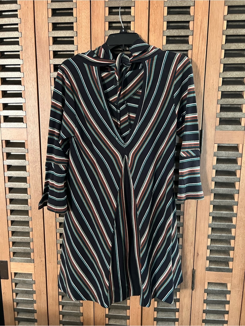 Striped V-Neck Long Sleeve Dress with Neck Tie in Black, Teal & Rust